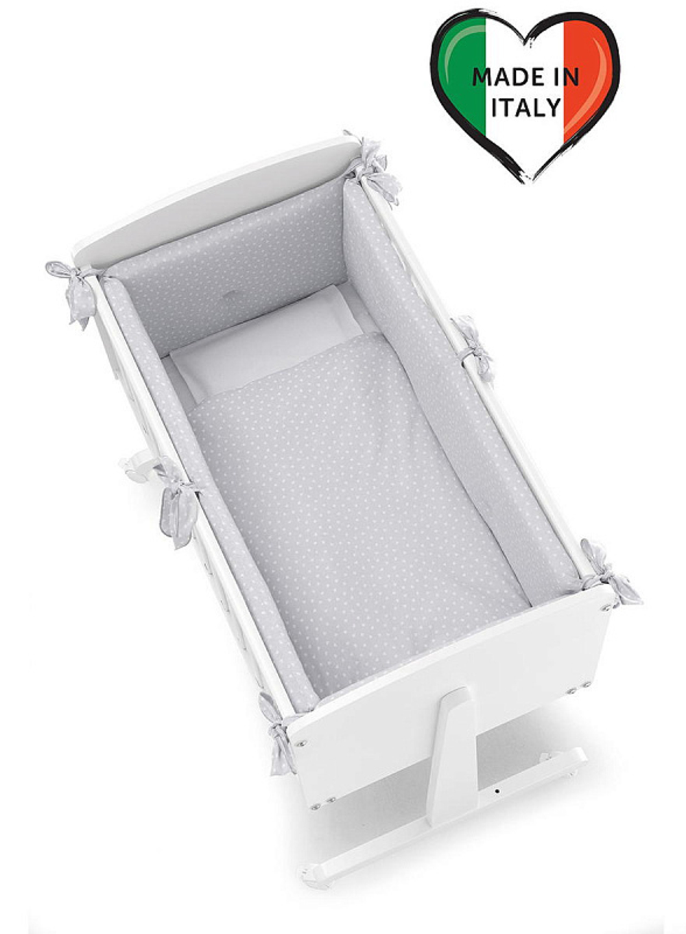 Колыбель Erbesi Ninna и комплект постельного белья Cuoricine Маленькие сердца белый/серый