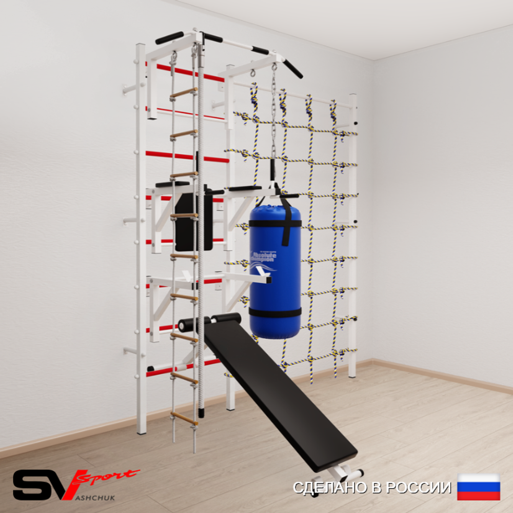 Шведская стенка Sv Sport усиленная 69510 (Турник стандарт/Брусья/Стойка/Скамья/Канат/Лестница/Цепь/Мешок 15кг/Канатный лаз)