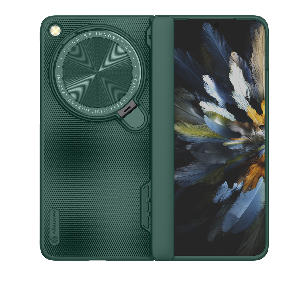 Чехол зеленого цвета от Nillkin с откидной защитной крышкой для камеры на OnePlus Open и OPPO Find N3, серия Super Frosted Shield Prop