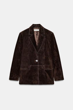 ZARA ПРЯМОЙ БЛЕЙЗЕР ИЗ 100% КОЖИ, КОРИЧНЕВЫЙ