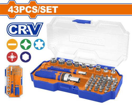 Отвертка трещоточная с битами 43 шт (6/24) WADFOW WSS8B43