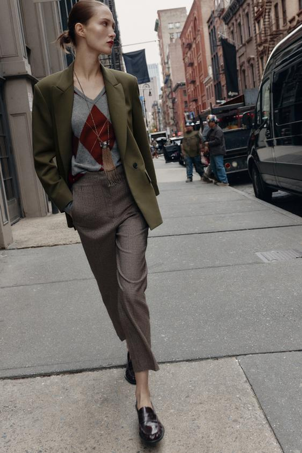 ZARA БРЮКИ В КЛЕТКУ С ВЫСОКОЙ ПОСАДКОЙ, КОРИЧНЕВЫЙ