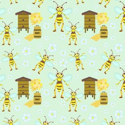 Пчёлы, улей, бочка, мёд, соты, поляна, цветы, узор
