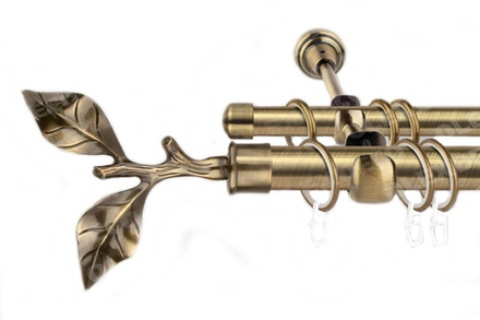 Карниз кованый для штор Лист розы d25/16 мм двухрядный, цвет антик