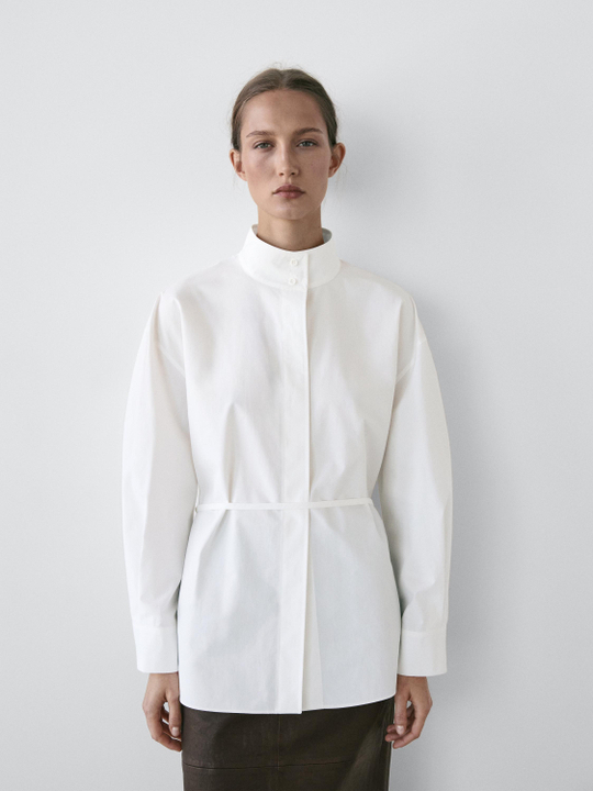 Massimo Dutti Рубашка с высоким воротником и ремешком, белый