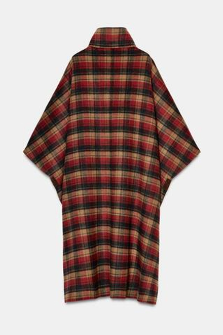 ZARA НАКИДКА В КЛЕТКУ ИЗ ШЕРСТИ, ZW COLLECTION, БОРДОВЫЙ/ЭКРЮ