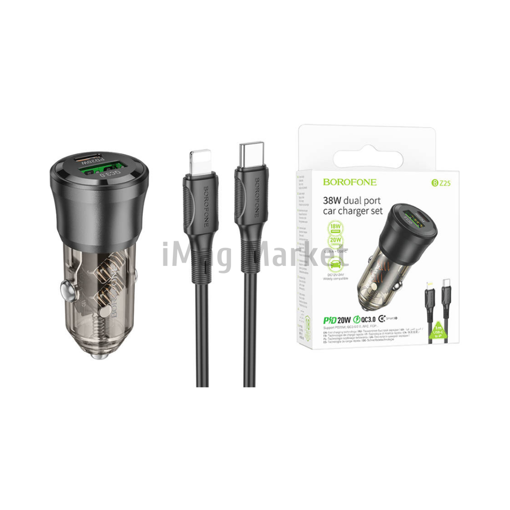 Автомобильное зарядное устройство Borofone BZ25, 1 USB-A, 1 USB-C, 38W, 3A + кабель Lightning, 1 м, черный прозрачный