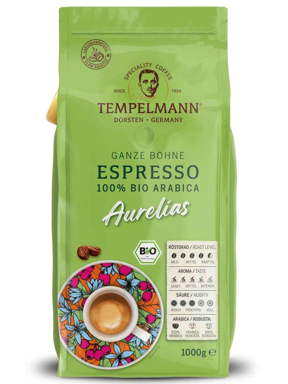 Кофе в зернах Tempelmann Caffe Crema Aurelias BIO, 1 кг (Темпельман)