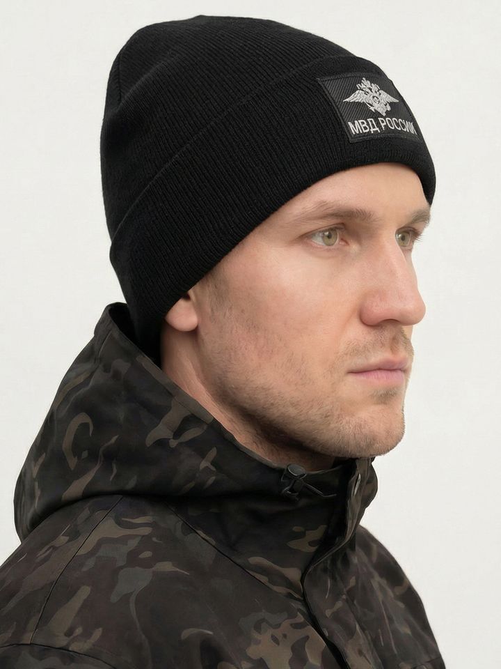 Шапка Полиции МВД вязаная полушерстяная на флисе (размер универсальный 54-63) чёрная