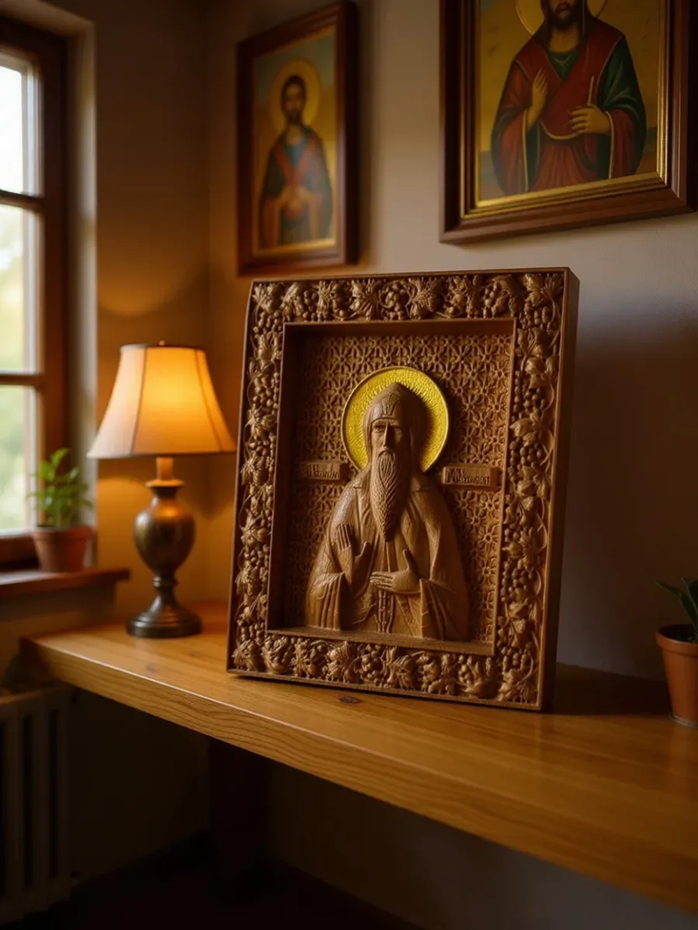 Освященная Икона Св. князя Олега резная из дуба 17х14см