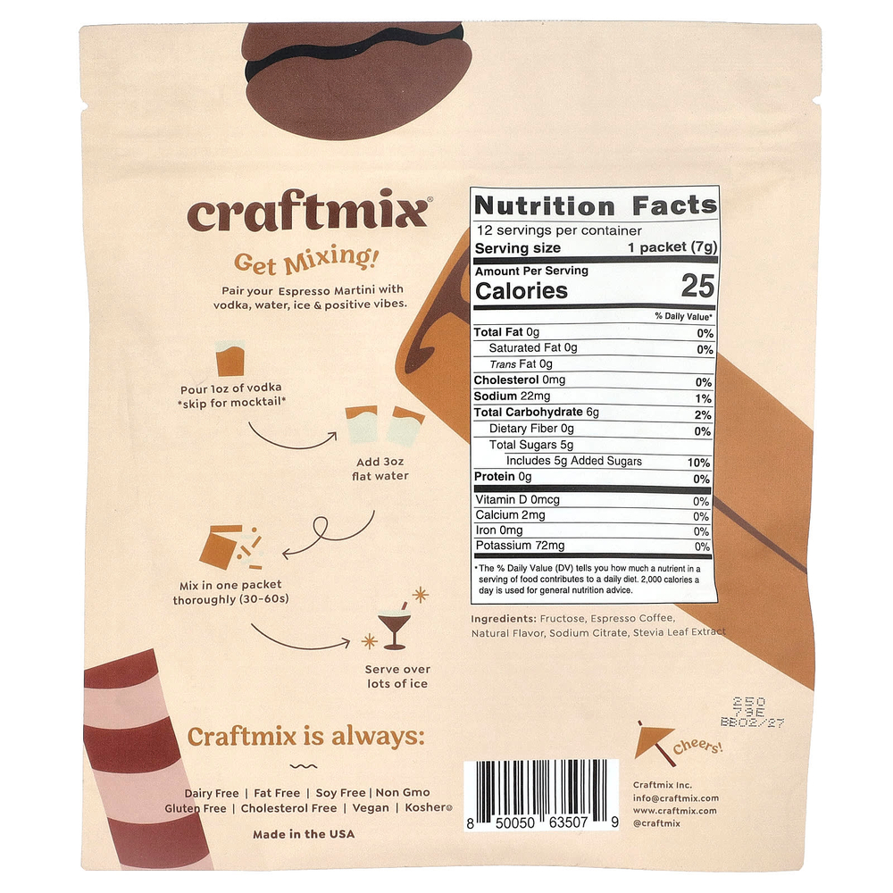 Craftmix, эспрессо мартини, 12 пакетиков по 7 г (0,25 унции)