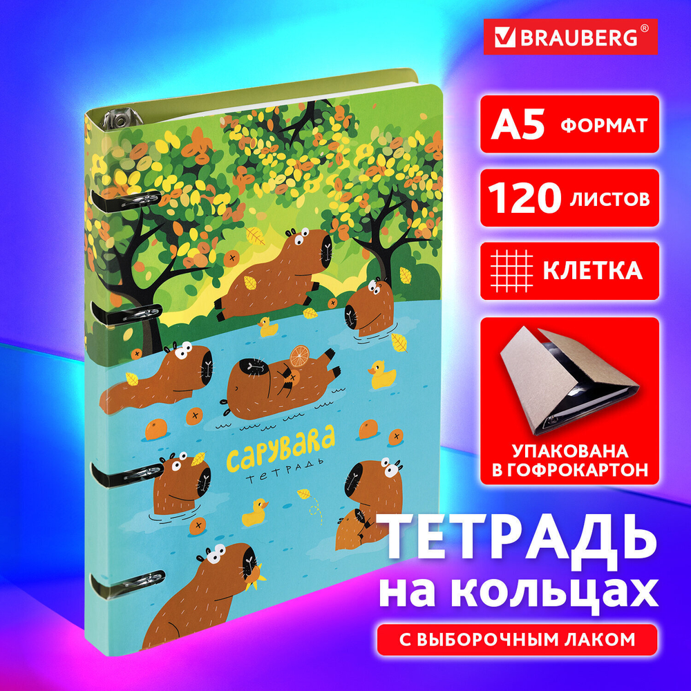 Тетрадь на кольцах А5 160х212 мм 120 листов картон выборочный лак клетка BRAUBERG "Капибары" (3 штуки в упаковке)