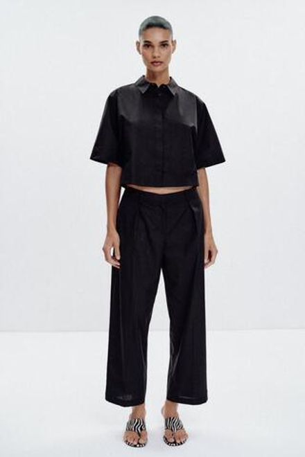 ZARA БРЮКИ ИЗ ПОПЛИНА С ЗАЩИПАМИ, ЧЕРНЫЙ