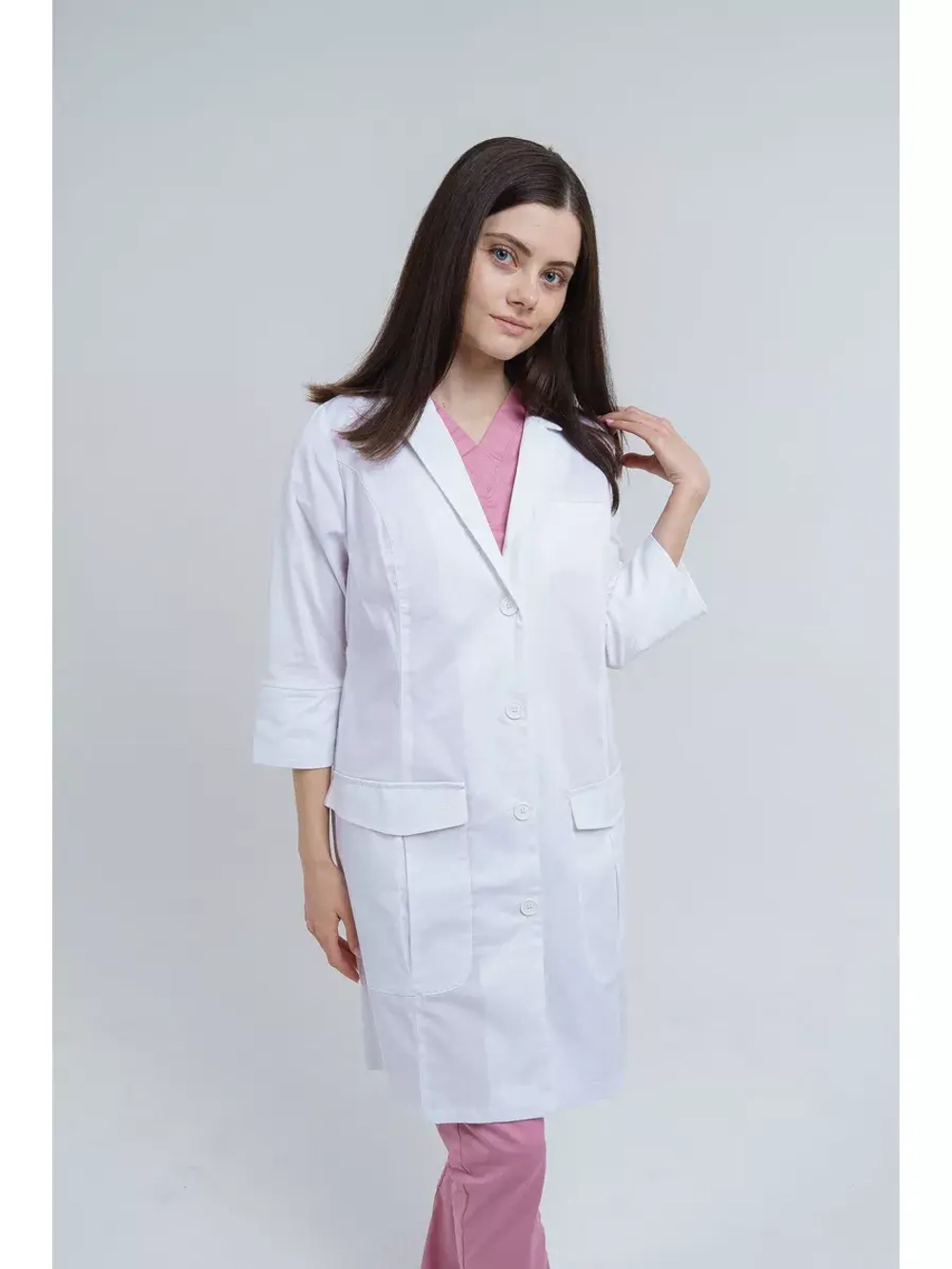 Медицинский халат женский укороченный на пуговицах TZ120-WHT