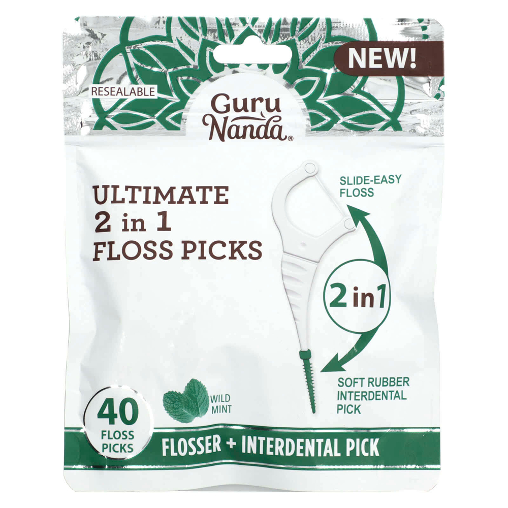 GuruNanda, Ultimate 2 in 1 Floss Picks, дикая мята, 40 шт.