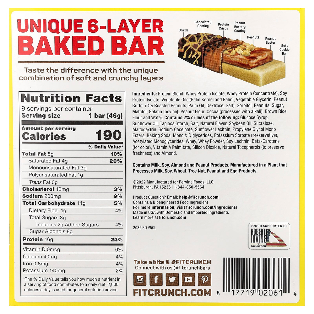 FITCRUNCH, Запеченный батончик с высоким содержанием протеина, шоколад и арахисовая паста, 9 батончиков, 46 г (1,62 унции)