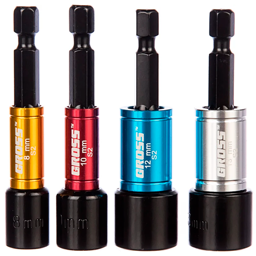 Набор бит с торцевыми головками 8, 10, 12, 13 мм, магнит, Nut-Driver S2// Gross