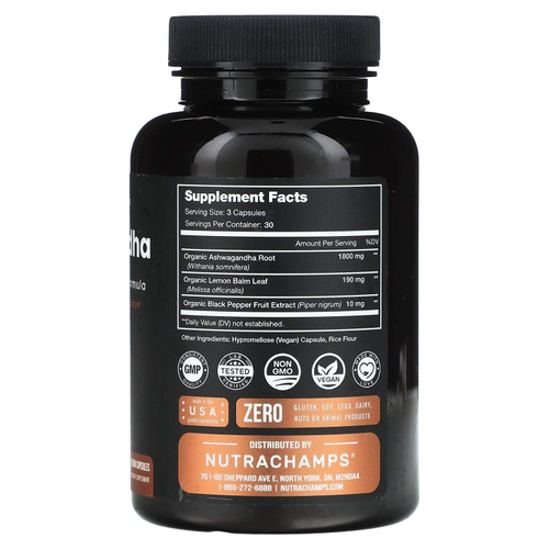 NutraChamps, ашваганда, с повышенной силой действия, 90 веганских капсул