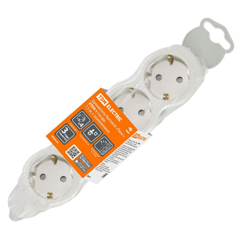 Удлинитель бытовой 4 гн, 1.5 м, ПВС, 3х1 мм2, с/з, 16 А, 250В,с з/ш, бело-сер, TDM, Люкс УЛ04, SQ130