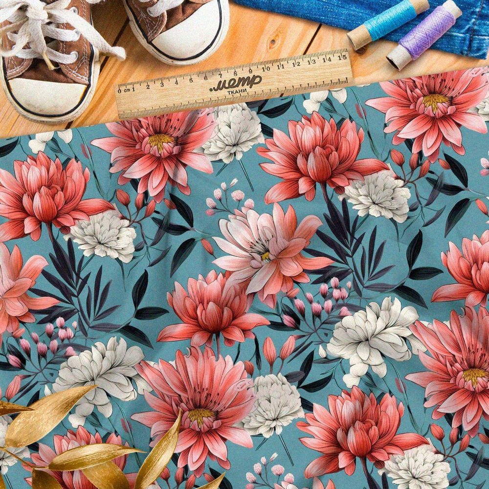 Ткань премиум Оксфорд 600D цветы на темно-голубом