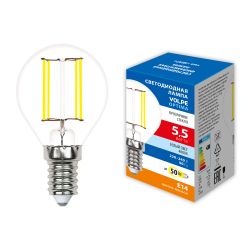 LED-G45-5.5W-4000K-E14-CL-SLF Лампа светодиодная. Форма шар. прозрачная. Белый свет 4000K. ТМ Volpe