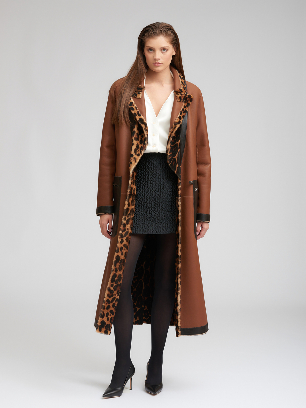 Дубленка леопард двусторонняя без пояса