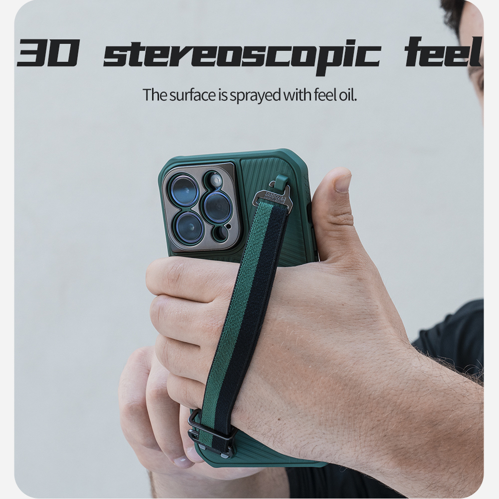 Защитный чехол зеленого цвета от Nillkin с ремешком на руку для iPhone 14 Pro Max, серия Strap Case, металлическая рамка для линз камеры