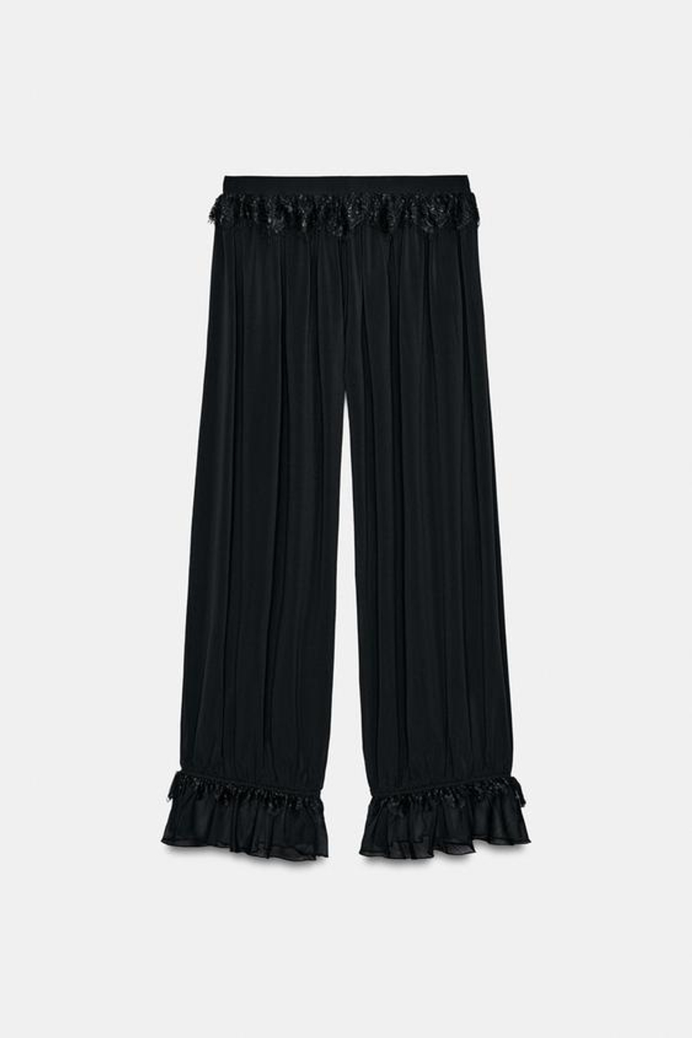 ZARA БРЮКИ-ШАРОВАРЫ С КРУЖЕВОМ, ЧЕРНЫЙ