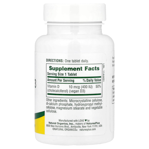 NaturesPlus, Водорастворимый витамин D3, 10 мкг (400 МЕ), 90 таблеток