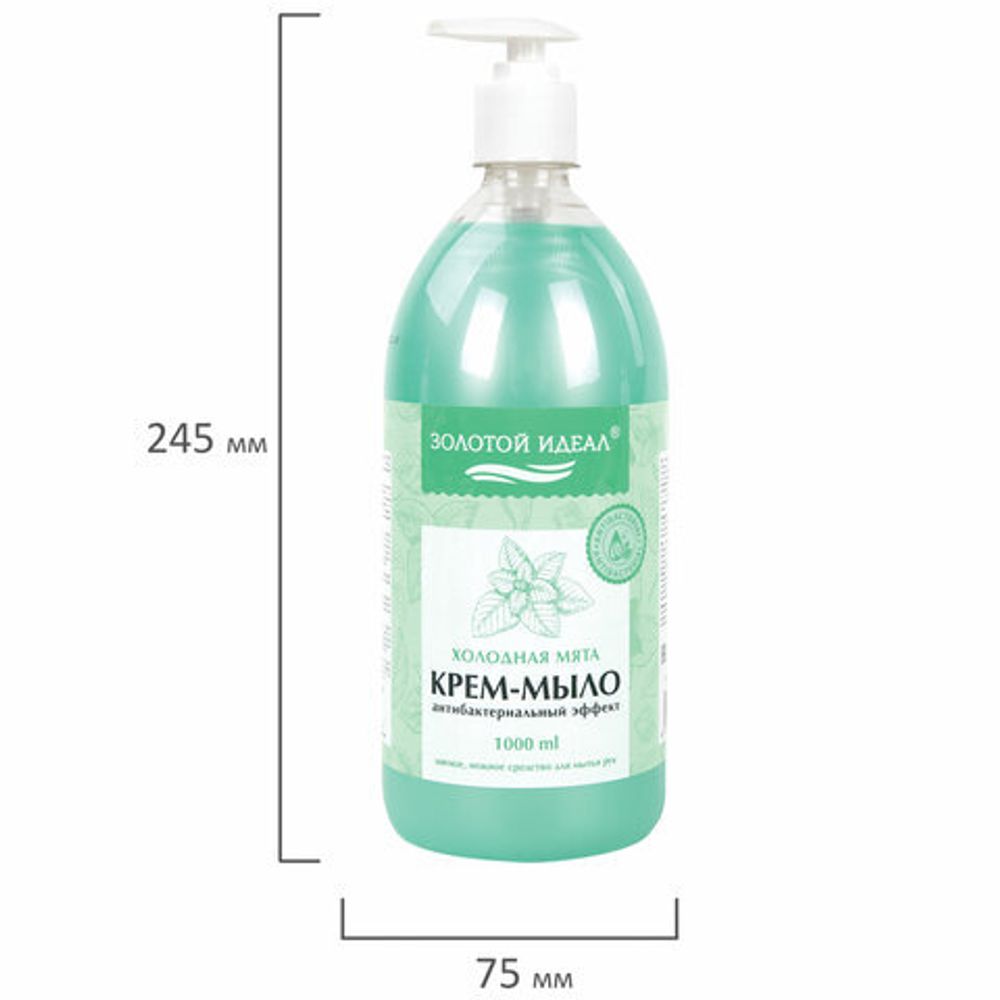 Мыло-крем жидкое с антибактериальным эффектом 1 л ЗОЛОТОЙ ИДЕАЛ "Холодная мята", дозатор, 608285