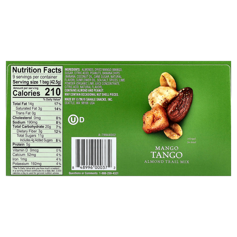 Sahale Snacks, смесь миндаля, орехов и сухофруктов, манго, 9 пакетиков по 42,5 г (1,5 унции)