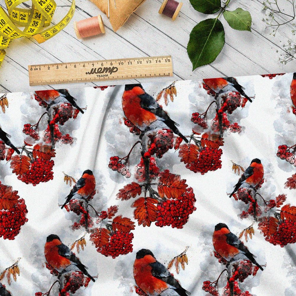 Ткань кулирная гладь снегири на рябине