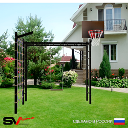 Уличная шведская стенка Sv Sport рукоход с комплектом турник прямой У5035К (Деревянные/Щит баскет/Кронш бокс/Сетка)