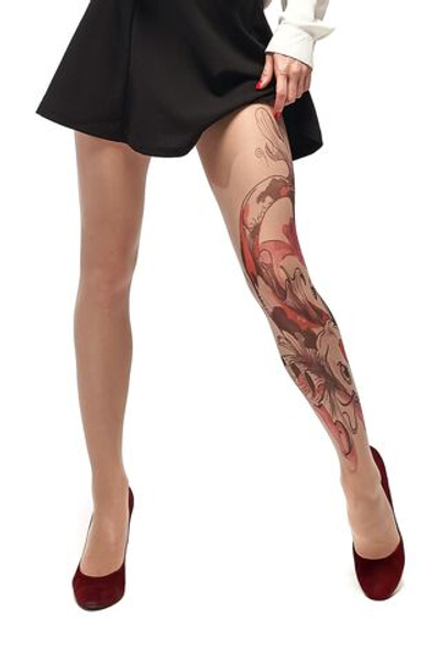 Колготки +size с принтом в виде черно-красного карпа кои (Размер: XL-XXL) (Цвет: бежевый)