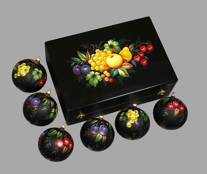 Zhostovo Christmas balls in wooden box - set of 6 balls SET04D-667785783