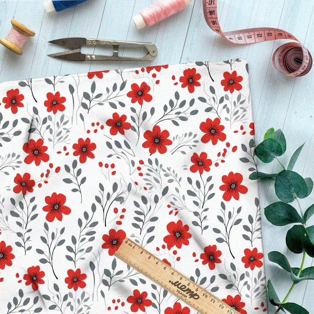 Ткань премиум мембрана яркие красные луговые цветочки