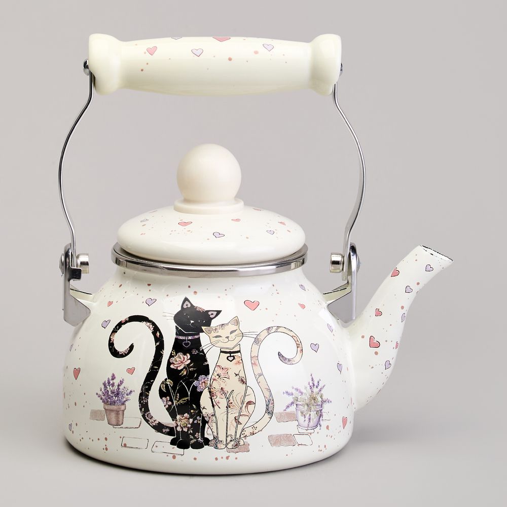 ЧАЙНИК AGNESS ЭМАЛИРОВАННЫЙ СО СЪЕМНЫМ ФИЛЬТРОМ ИЗ НЖС СЕРИЯ "LAVANDER CATS", 0,85 Л