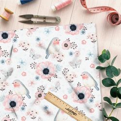 Ткань сатин акварельные нежные птички