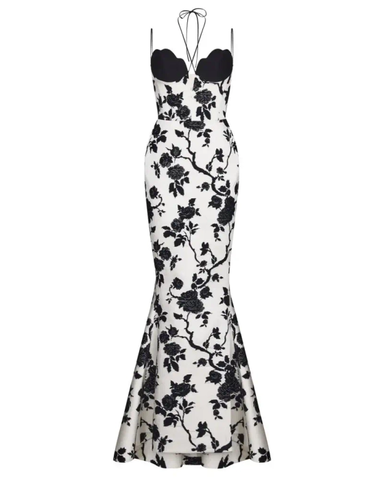 Платье макси из крепа и жаккарда с цветами с объемной юбкой со шлейфом