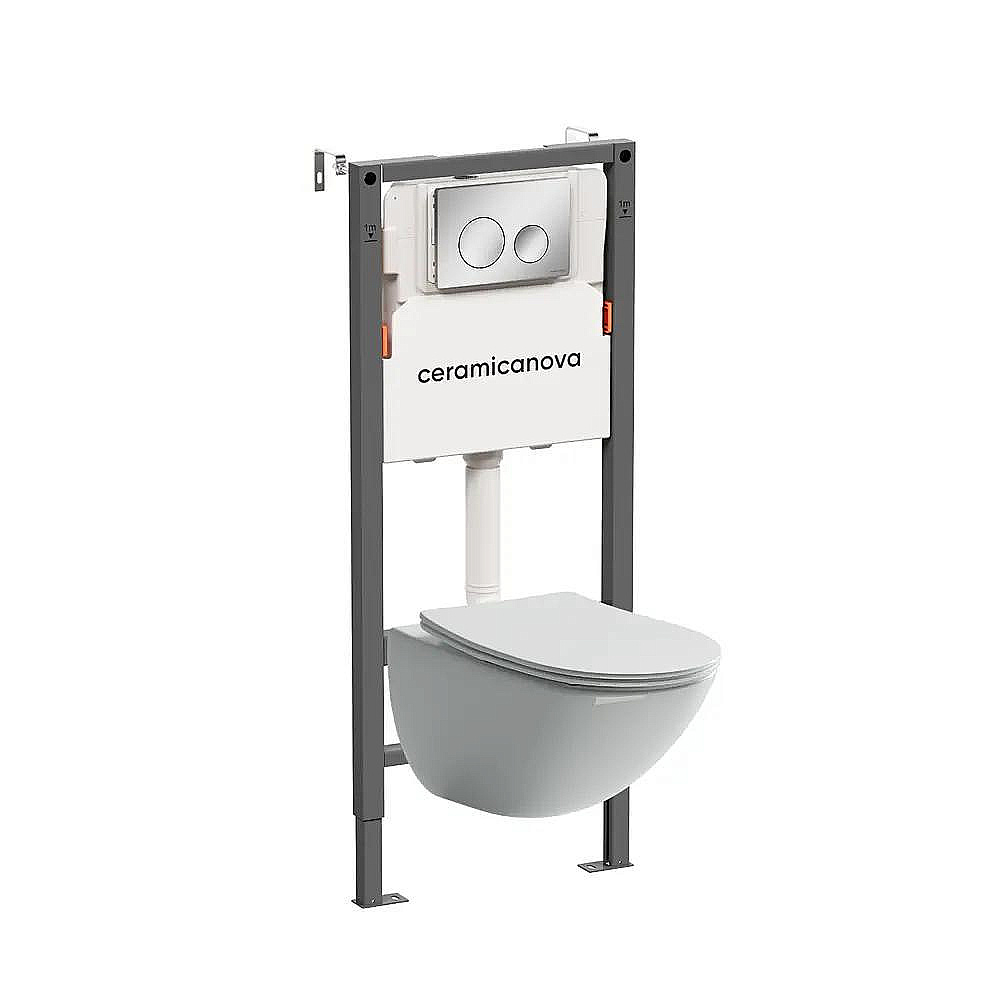 Унитаз подвесной Ceramica Mono CN1905 белый, безободковый, с инсталляцией Balance CN121001CH и кнопкой Circle хром глянцевый