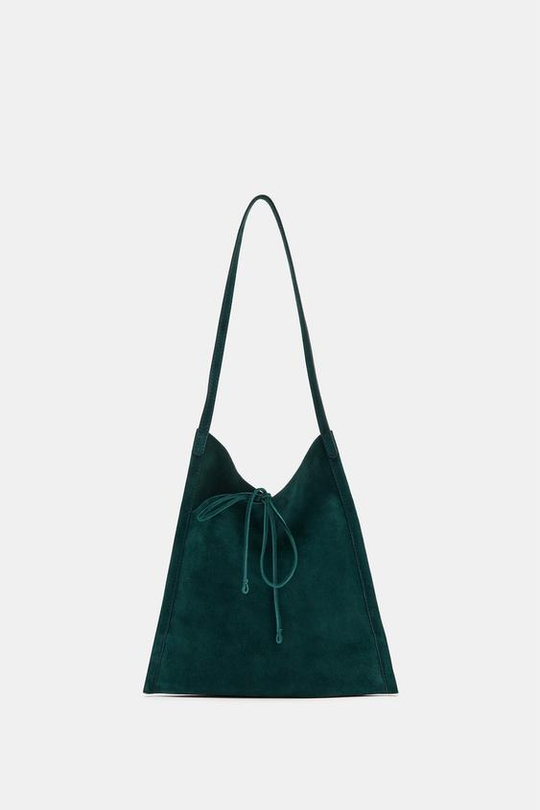 ZARA МИНИ-ПЛОСКАЯ КОЖАНАЯ СУМКА С БАНТОМ, ЗЕЛЕНЫЙ