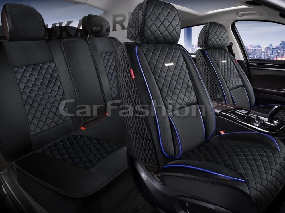 Накидки сидений ПОЛНЫЙ CarFashion (кт) -«ARMADA PLUS» 27353 -Велюр черный/сини (поддержк поясниц+бок