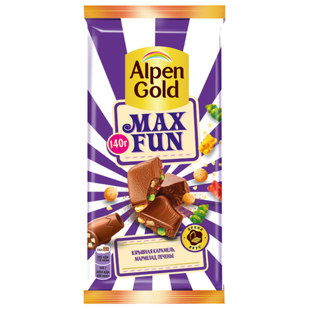 Шоколад Alpen Gold Max Fun Взрывная карамель, мармелад, печенье 140гр