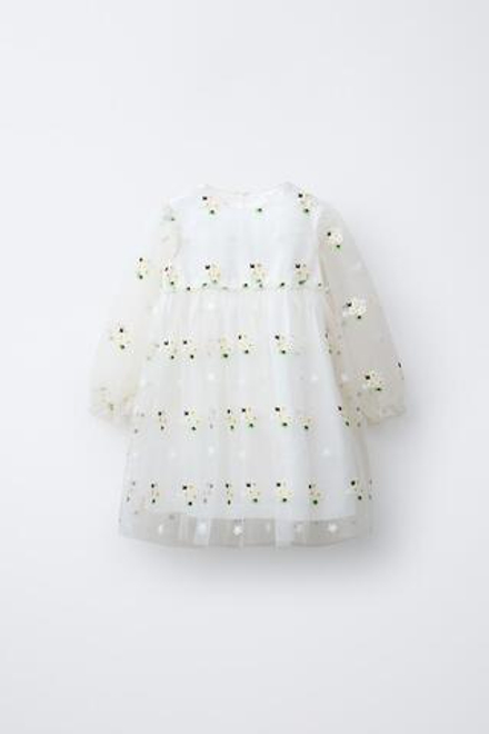 ZARA ПЛАТЬЕ С ВЫШИВКОЙ, ЖЕЛТОВАТО-БЕЛЫЙ