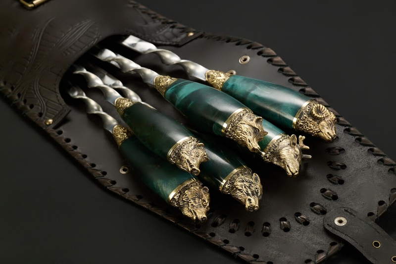 Подарочный набор шампуров "Премиальный", Карельская береза, чехол из натуральной кожи