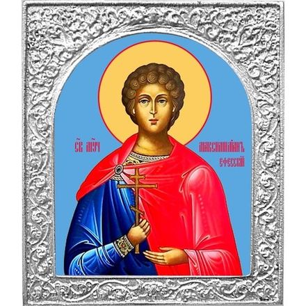 Святой Максимилиан Эфесский. Маленькая икона в серебряной раме. 4,5 х 5,5 см.