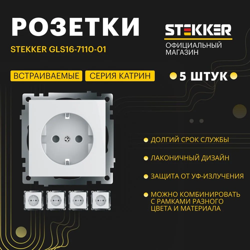 Розетка с заземлением 5шт. / Розетка электрическая 250В 16А (механизм), белый, Катрин Stekker GLS16-7110-01 39304