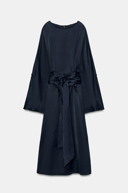 ZARA ПЛАТЬЕ МИДИ ИЗ СМЕСОВОГО ЛЬНА С ПОЯСОМ — ZW COLLECTION, СИНИЙ