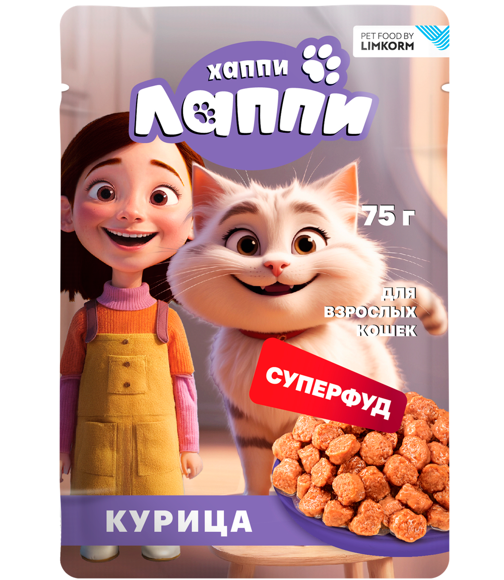 ХАППИ ЛАППИ Консервированный полнорационный корм для кошек с курицей, 75 г