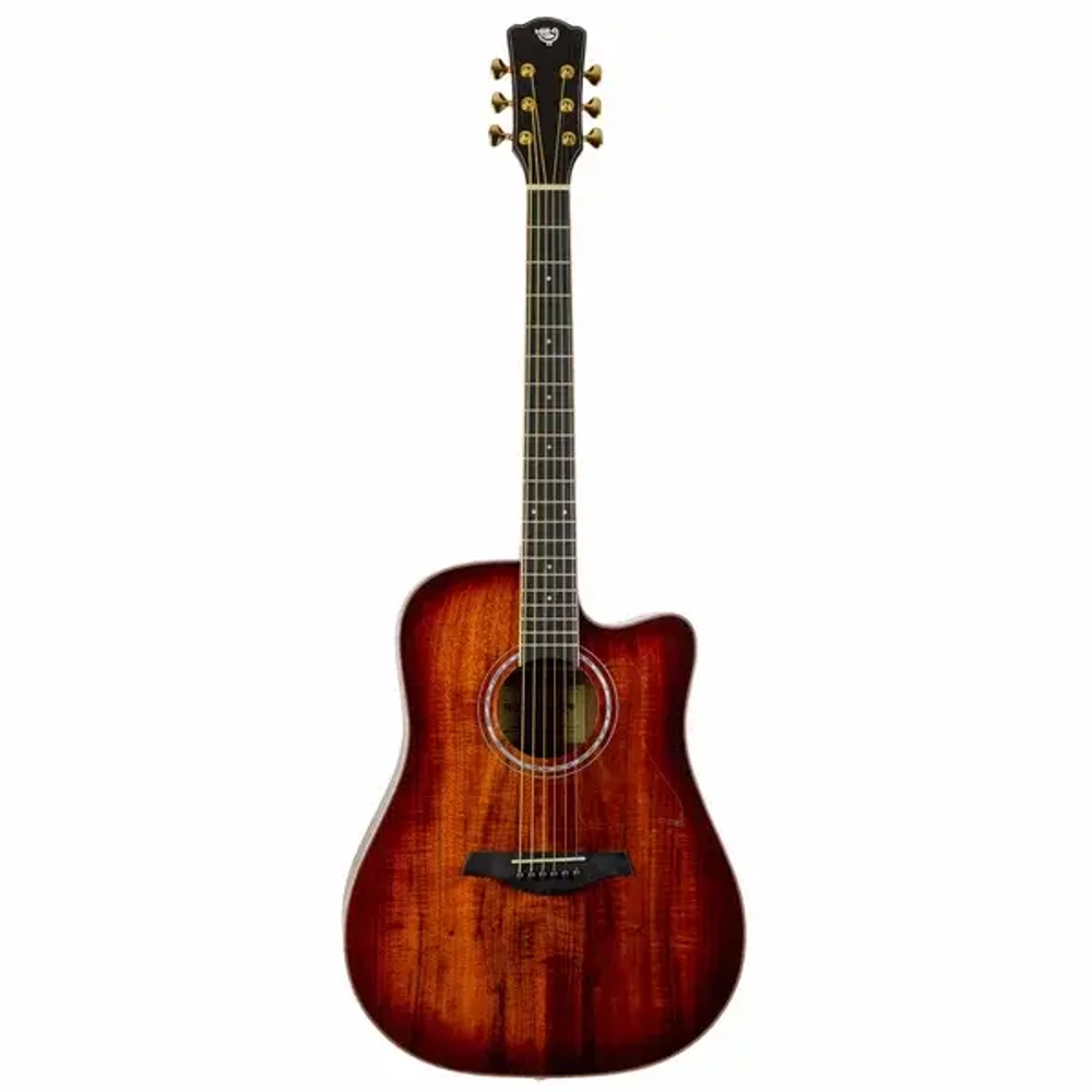 ROCKDALE Aurora D7 C Koa ASB акустическая гитара. Форма корпуса Dreadnought с вырезом. Цвет санберст. Глянцевое покрытие. Верхняя дека из ели с ламинатом из коа. Нижняя дека и обечайка из махагони с ламинатом из коа. Гриф из махагони.